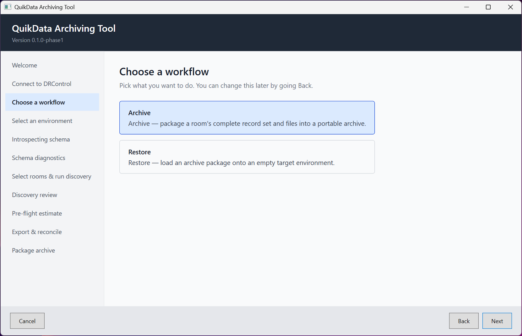 Choose a workflow page with Archive selected