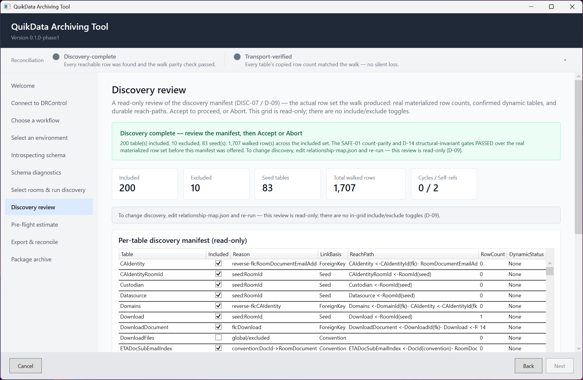 Discovery review page — summary cards and per-table manifest