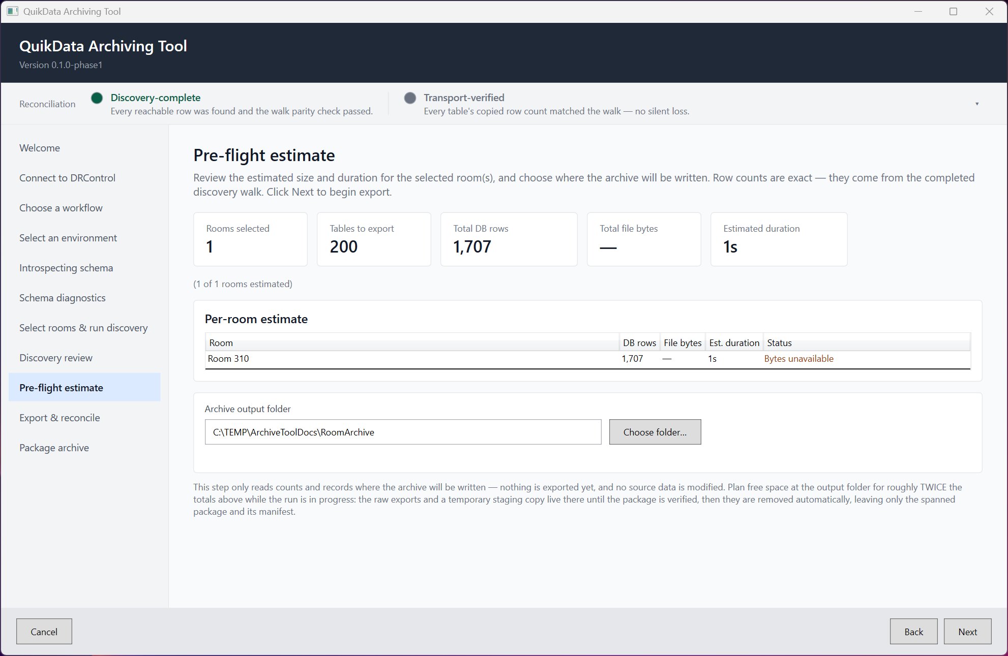 Pre-flight estimate page with an output folder chosen