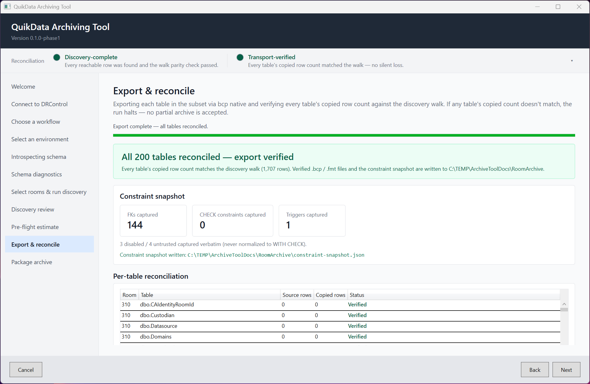 Export & reconcile page, all tables verified
