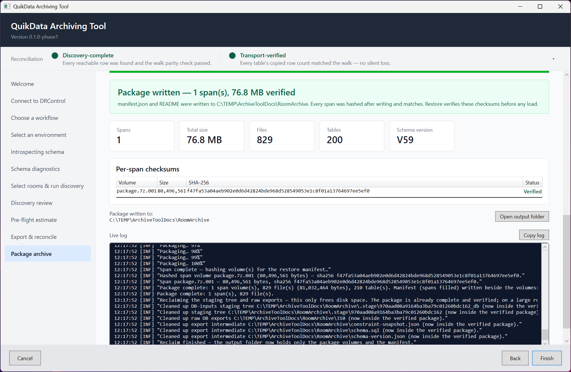Package archive page with the success banner and checksums