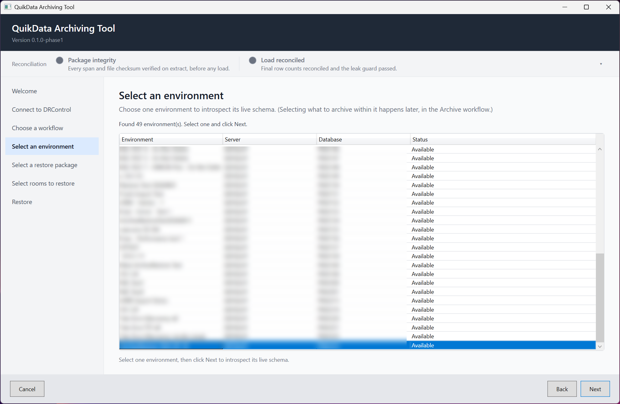 Select an environment page (restore)