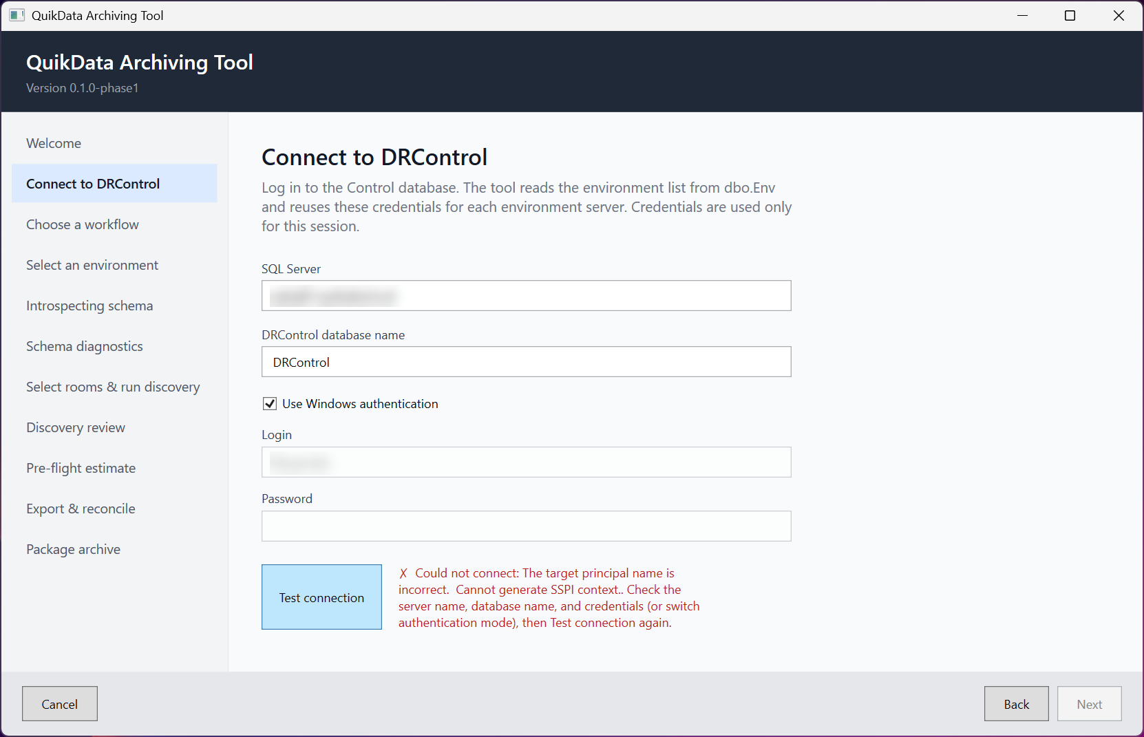 A failed connection test — the underlying SQL error is shown in red beside the button