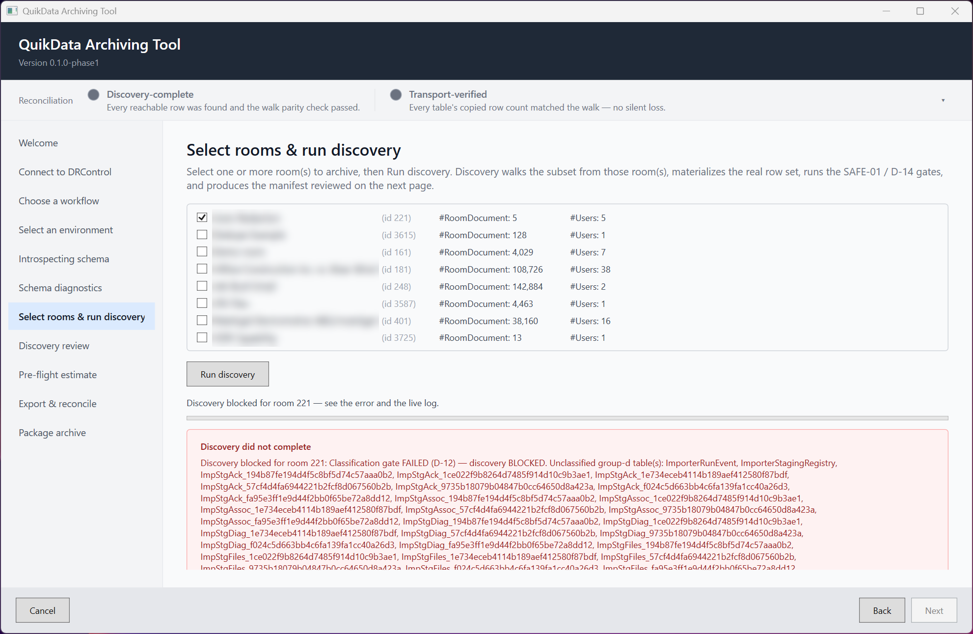 The red "Discovery did not complete" banner listing the unclassified tables