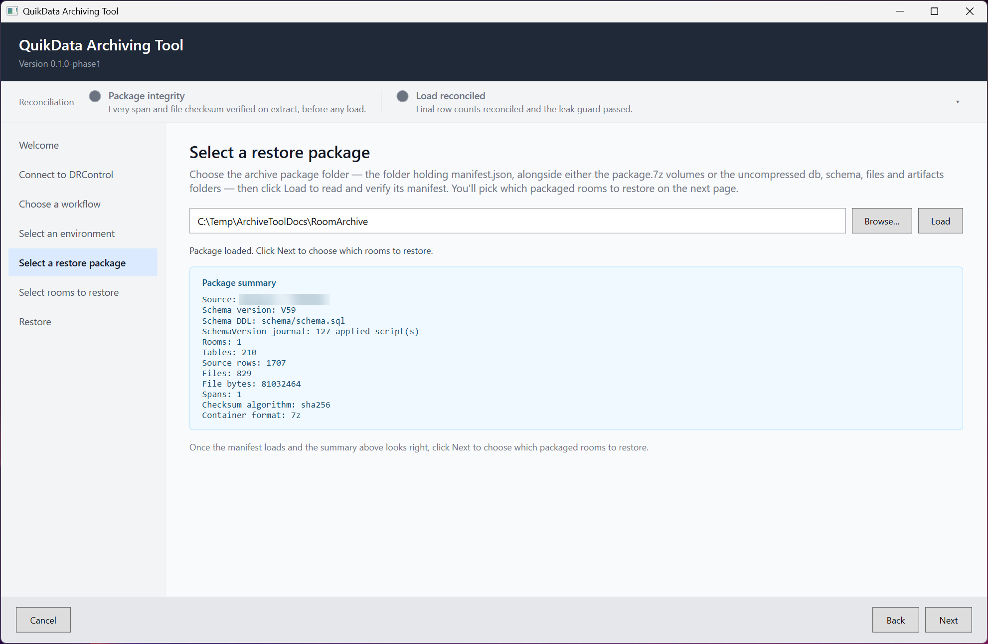 Select a restore package page with a loaded summary