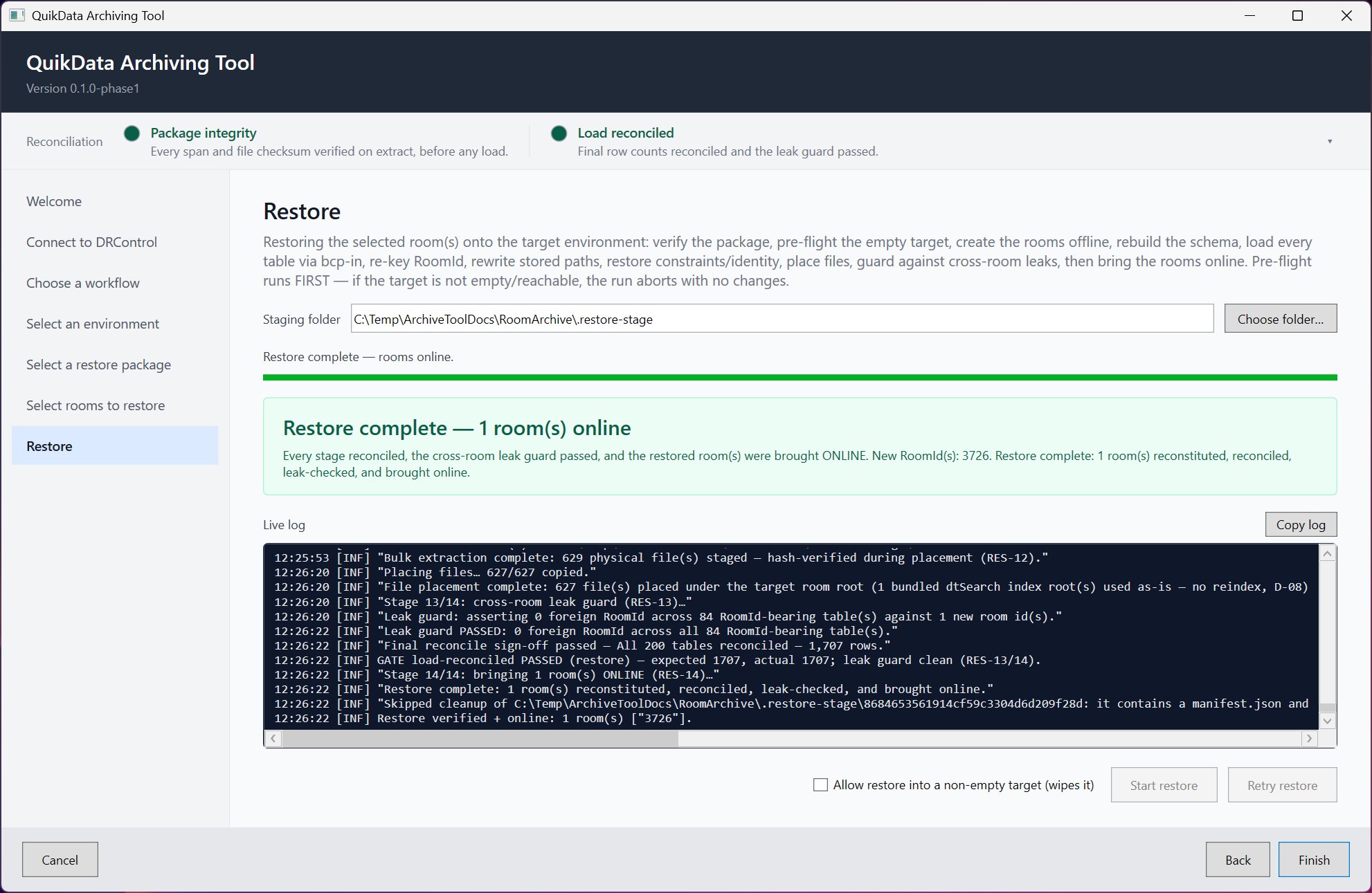 Restore page with the success banner